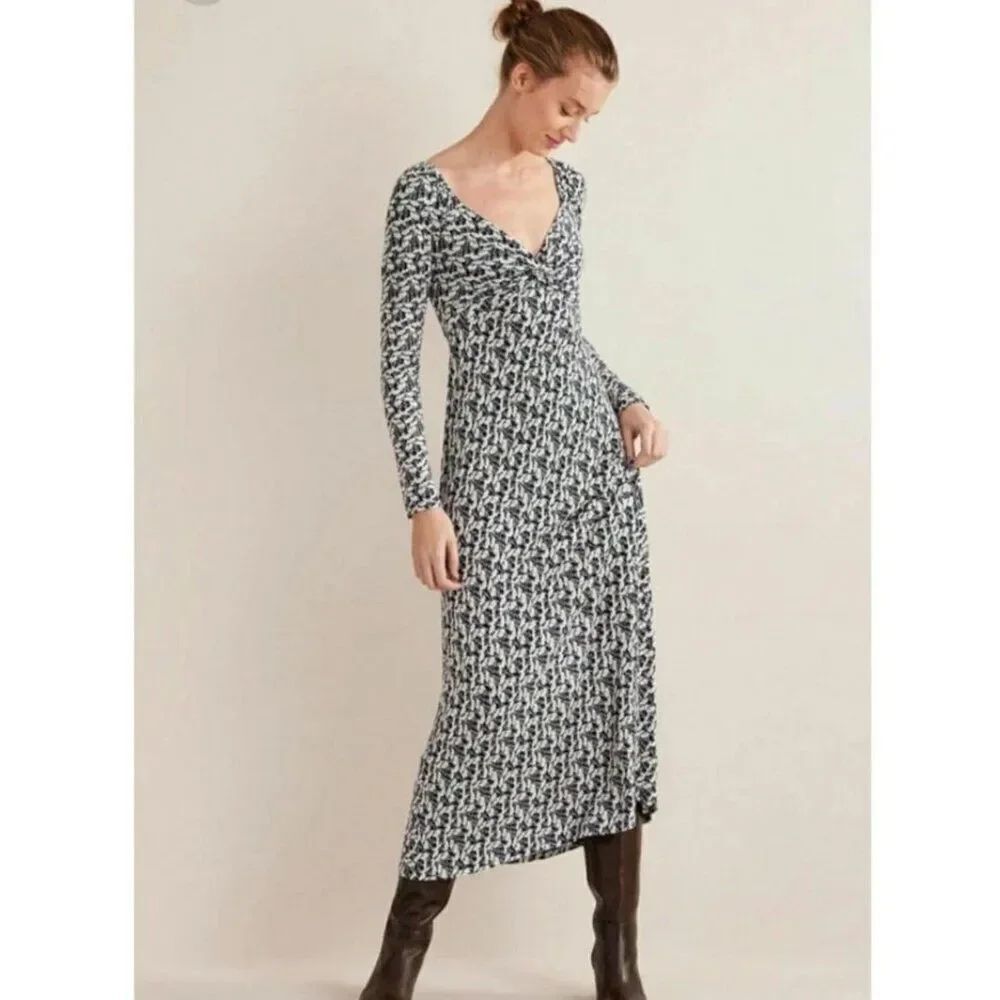 Boden Women Dress UK 12 US 8 Navy Blue Floral Midi Vneck Twisted Knot D0453 NWT